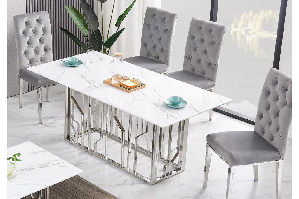 Table é manger marbre blanc argent PORTO