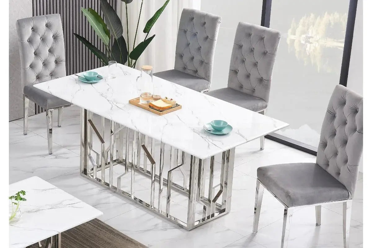 Table à manger marbre blanc argent PORTO Swedzo-Meuble