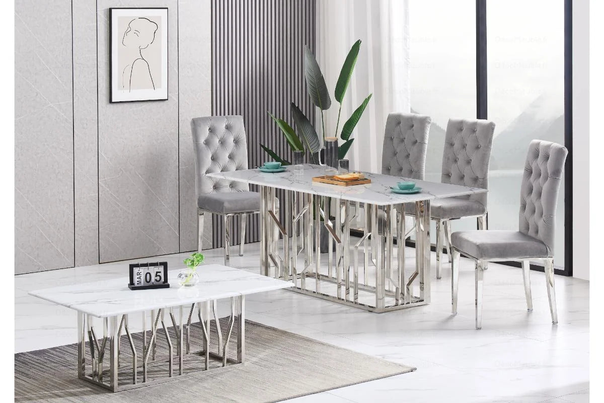 Table é manger marbre blanc argent PORTO