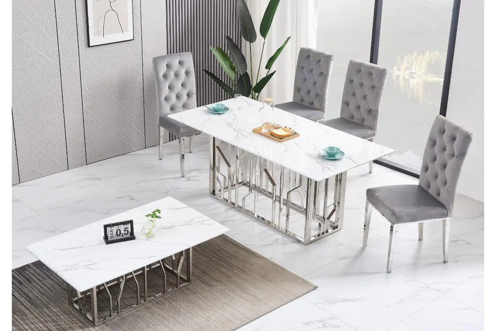 Table é manger marbre blanc argent PORTO