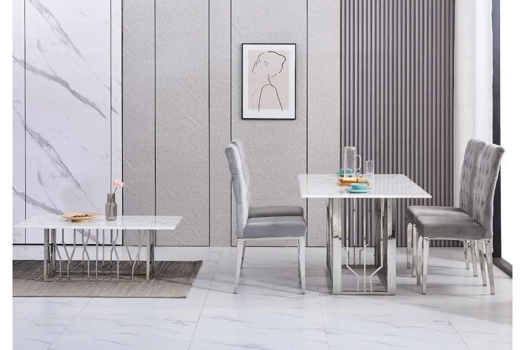 Table é manger marbre blanc argent PORTO