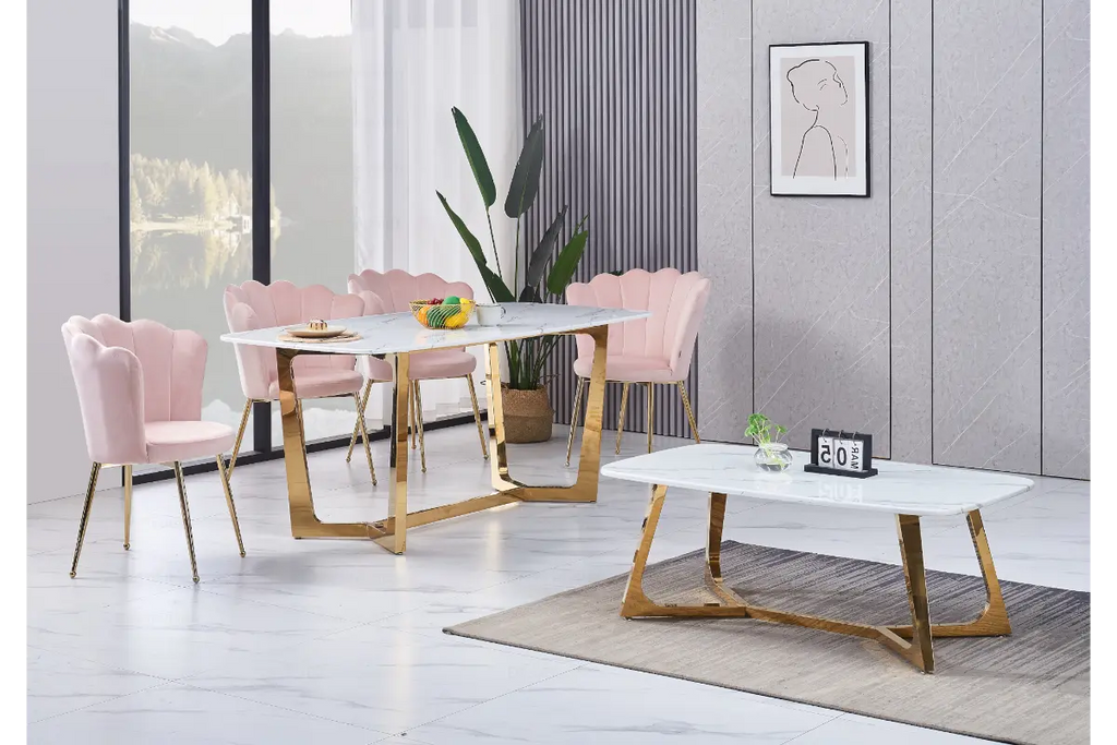 Table é manger marbre blanc doré GAYA