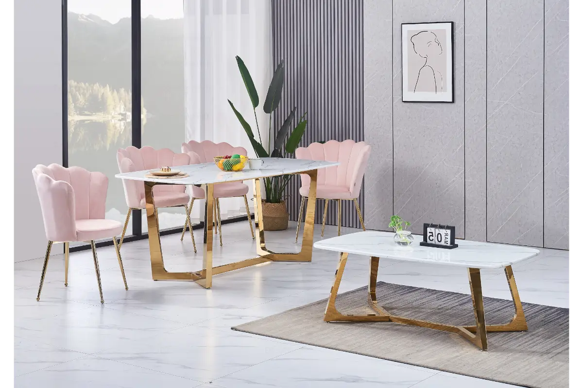Table é manger marbre blanc doré GAYA