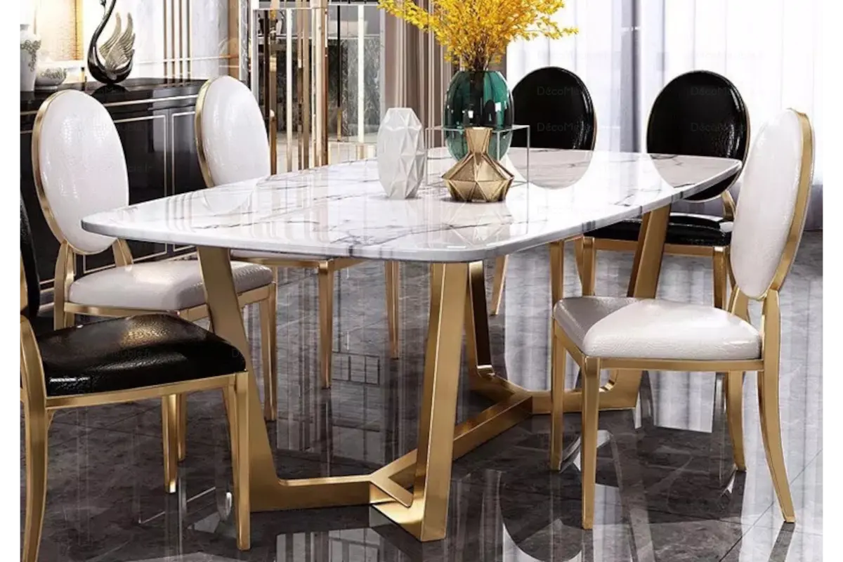 Table é manger marbre blanc doré GAYA
