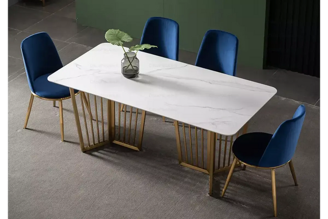 Table é manger marbre blanc doré PERLA