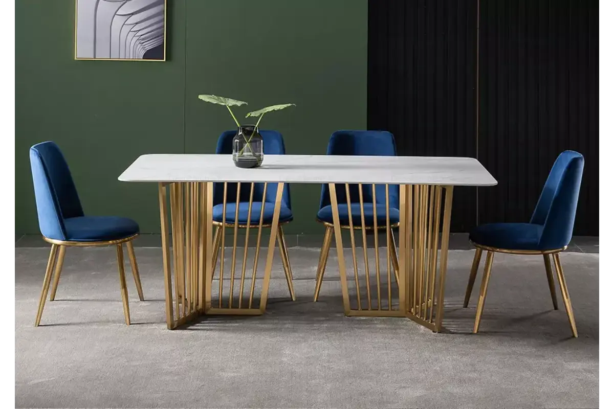 Table é manger marbre blanc doré PERLA
