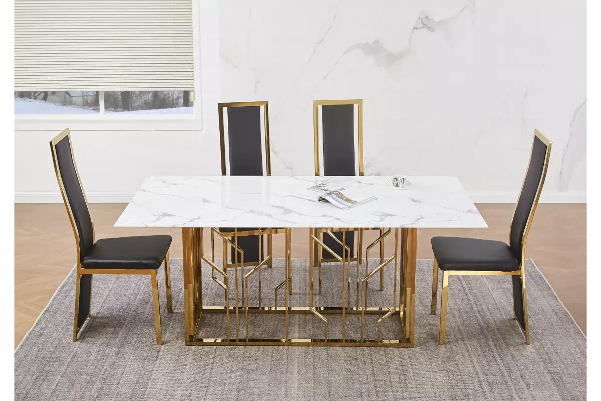 Table é manger marbre blanc doré PORTO