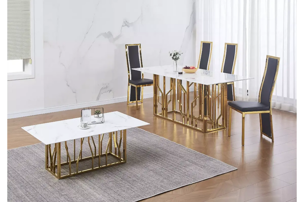Table é manger marbre blanc doré PORTO