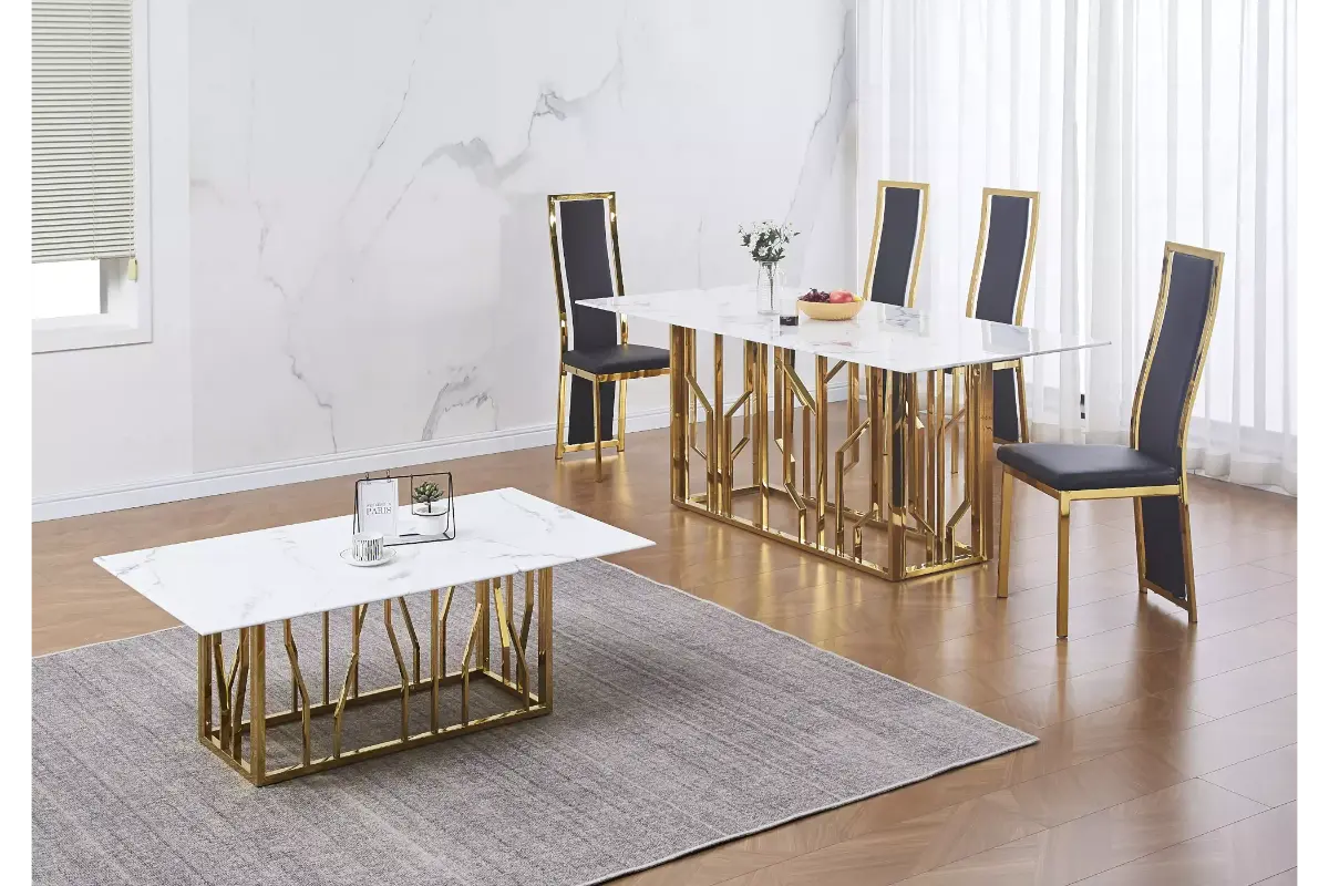 Table é manger marbre blanc doré PORTO