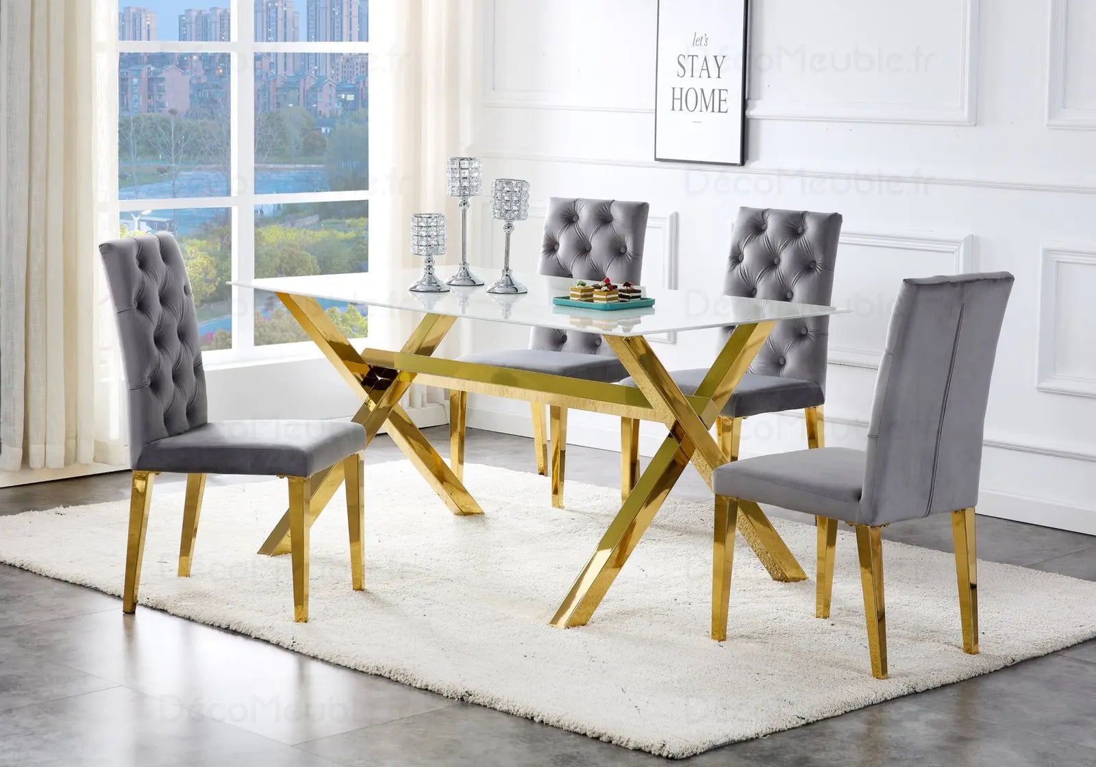 Table et chaises marbre blanc doré CROSS Swedzo-Meuble