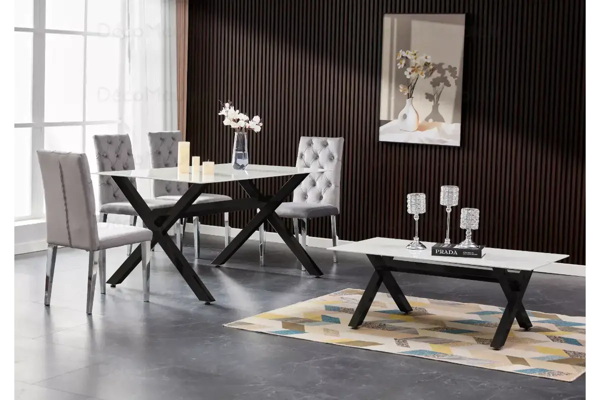 Table à manger marbre blanc pied noir CROSS Swedzo-Meuble