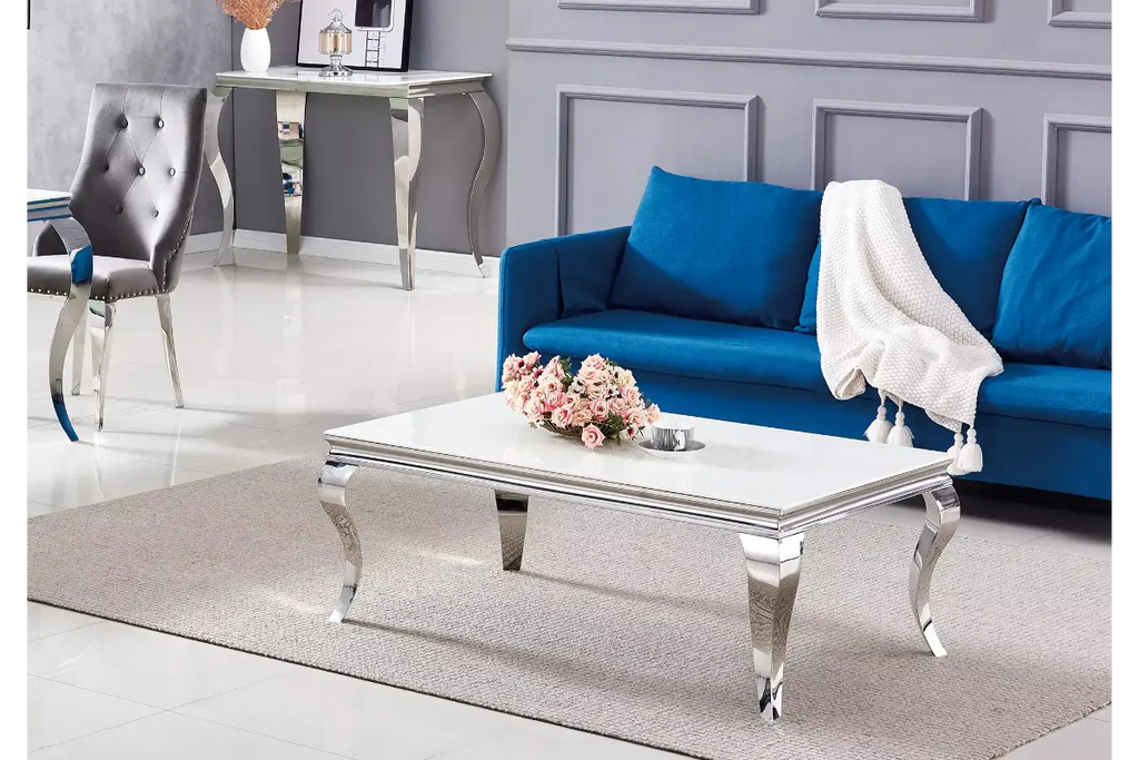 Table basse argentée verre blanc NEO