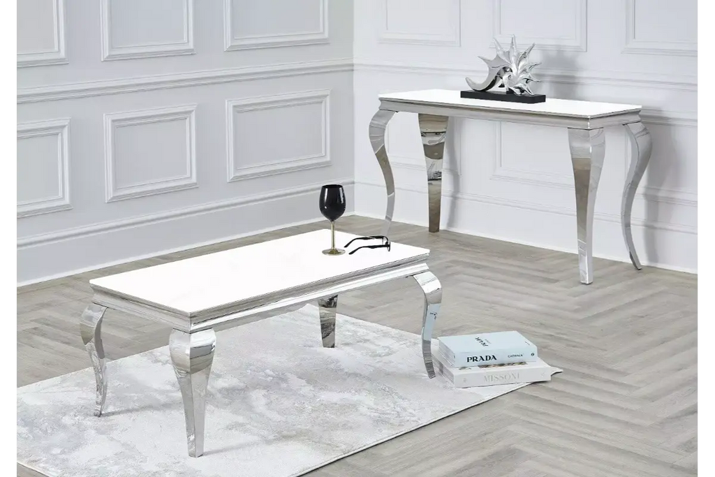 Table basse argentée verre blanc NEO