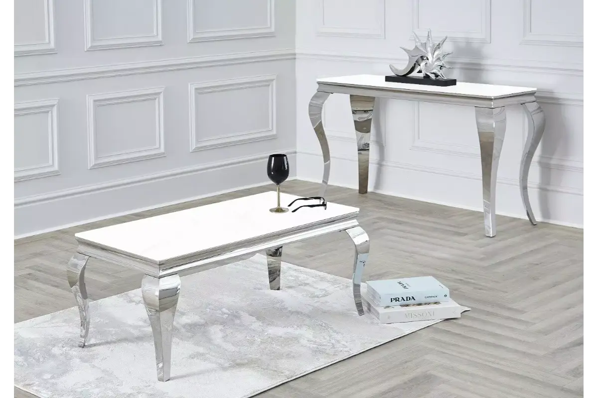 Table basse argentée verre blanc NEO