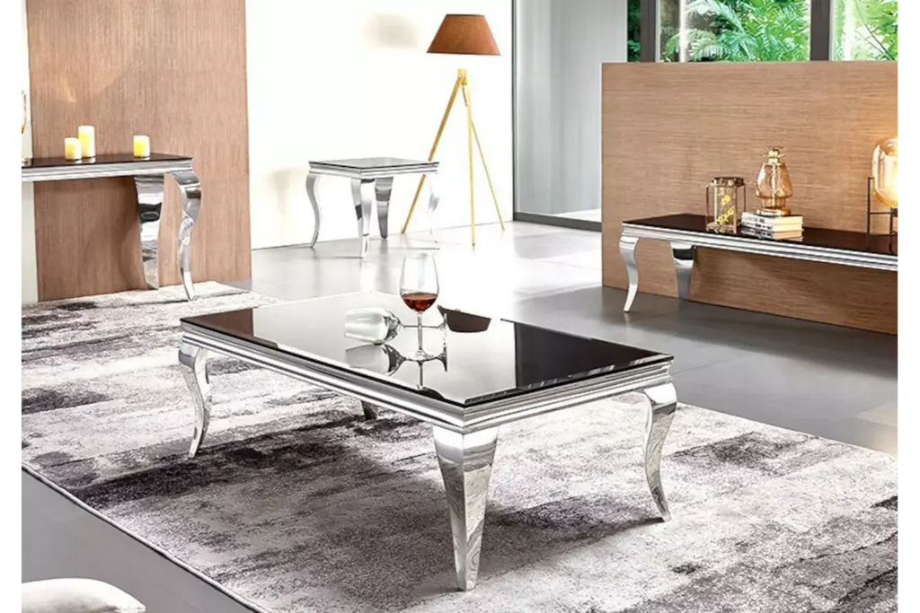Table basse argentée verre noir NEO