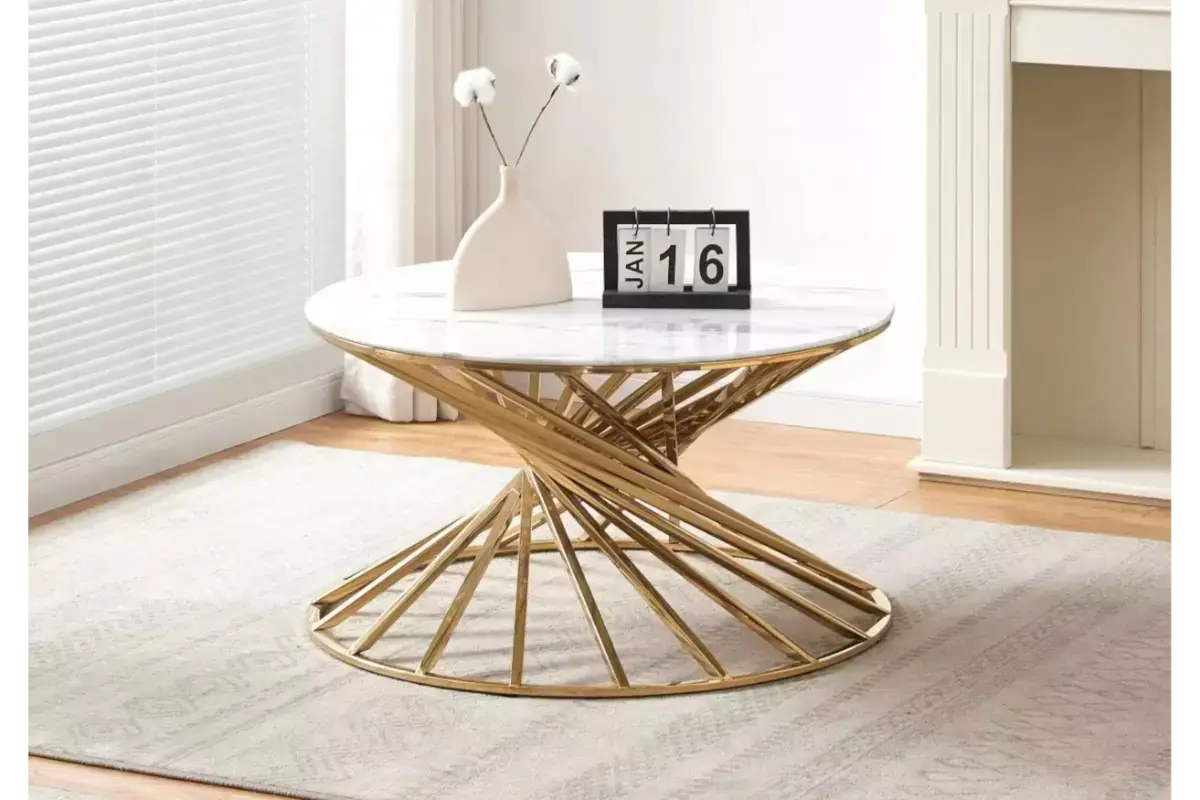 Table basse ronde marbre blanc doré RUBY Swedzo-Meuble