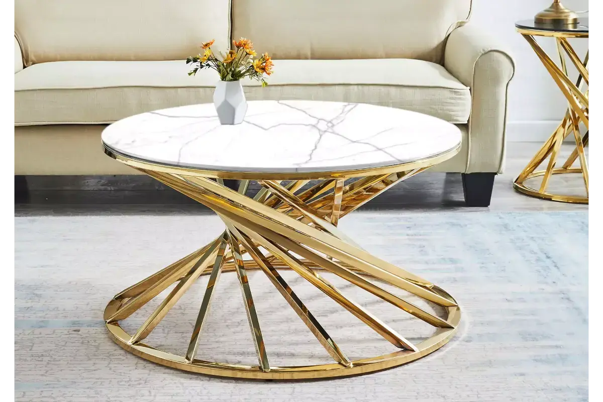 Table basse ronde marbre blanc doré RUBY Swedzo-Meuble