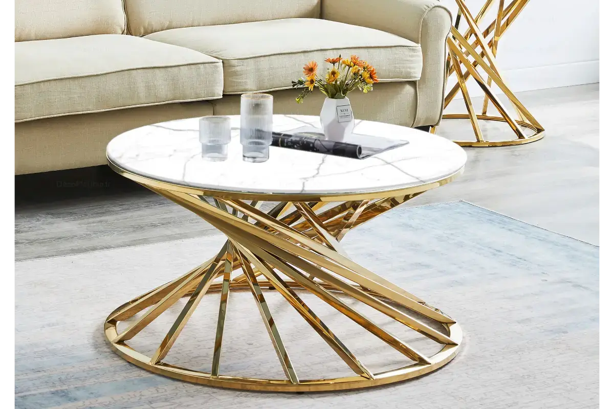 Table basse ronde marbre blanc doré RUBY Swedzo-Meuble