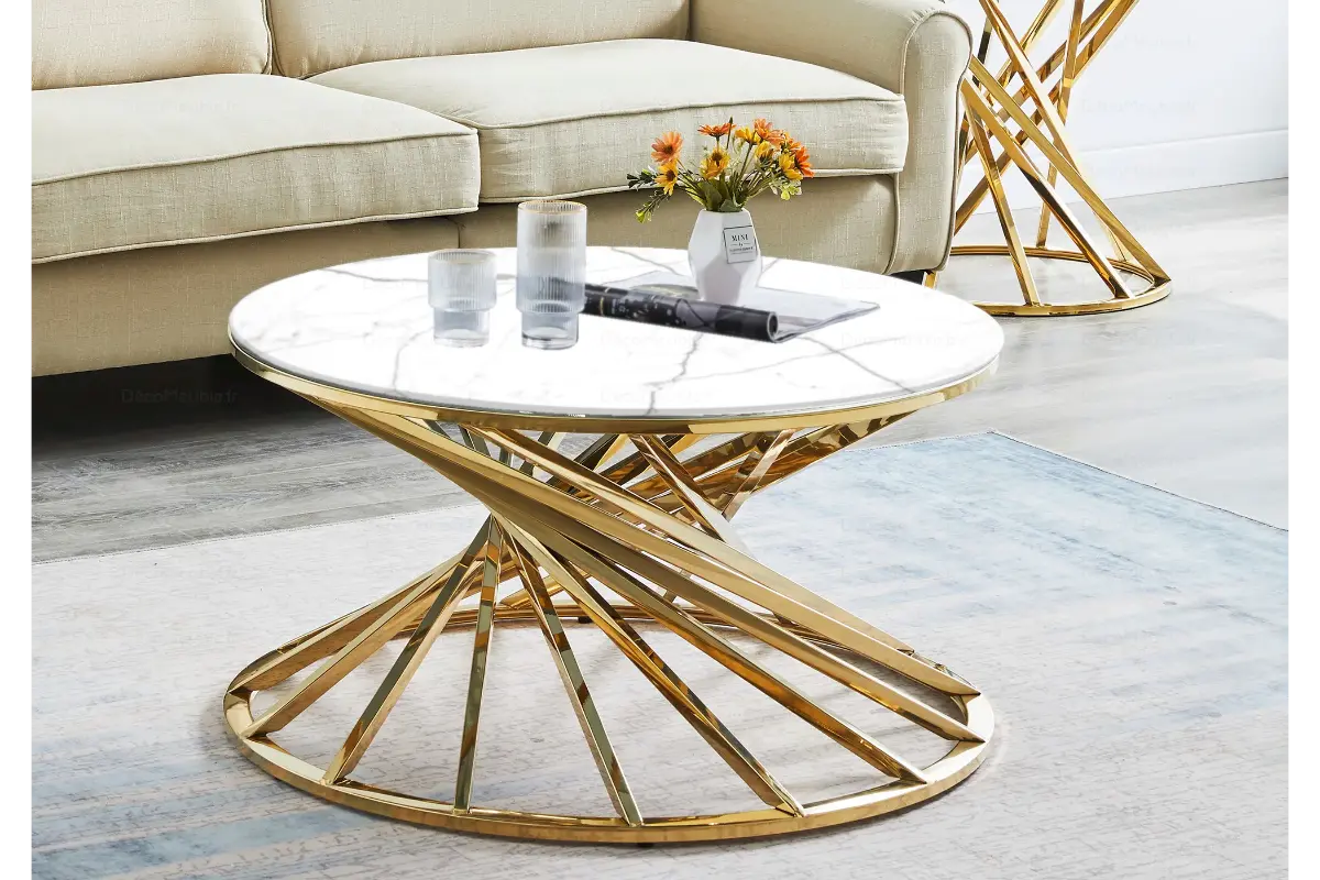 Table basse ronde marbre blanc doré RUBY