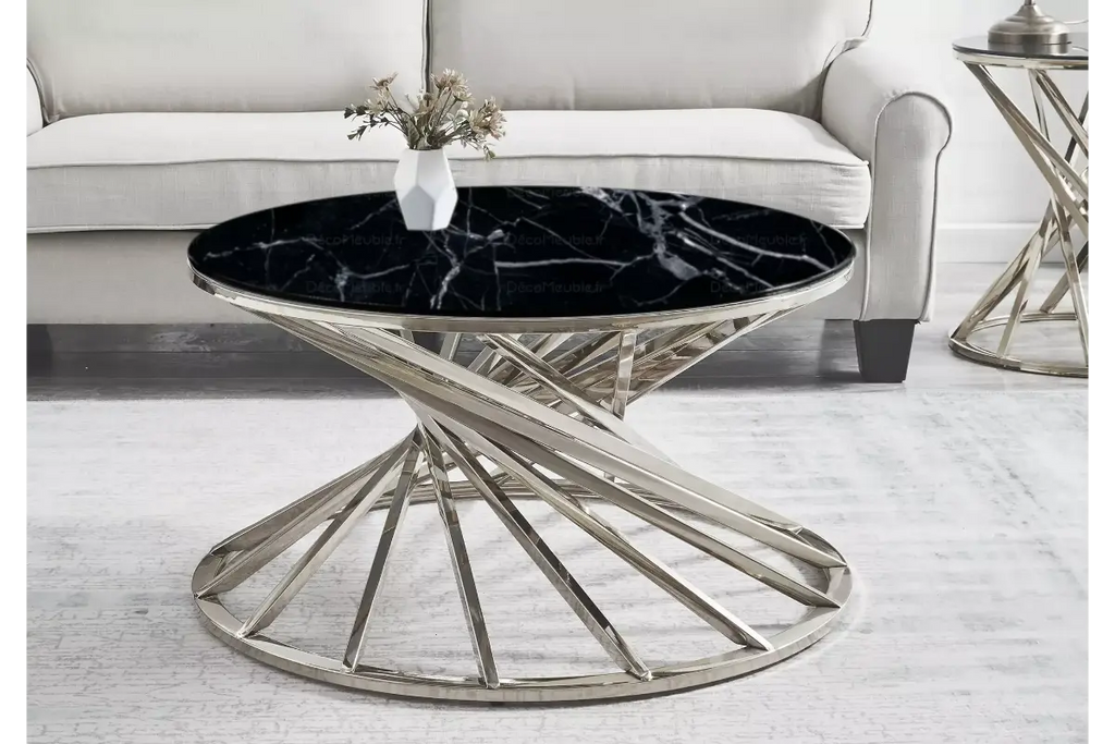Table basse ronde marbre noir argent RUBY