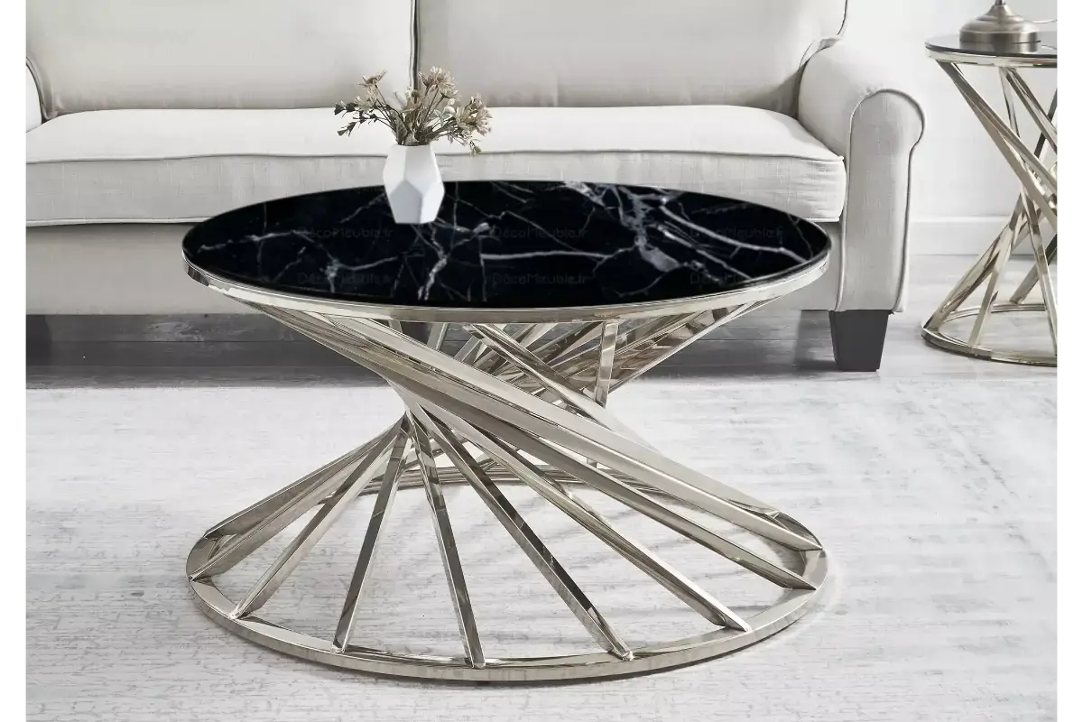 Table basse ronde marbre noir argent RUBY Swedzo-Meuble