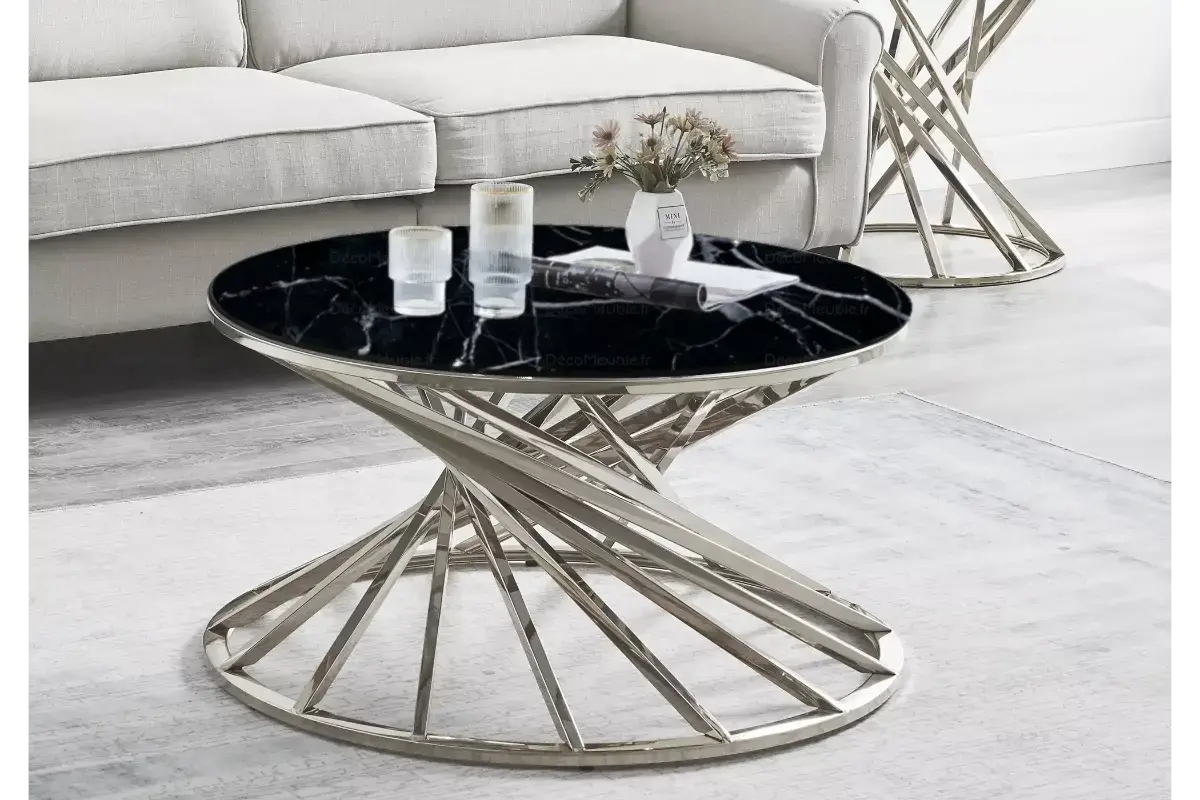 Table basse ronde marbre noir argent RUBY Swedzo-Meuble