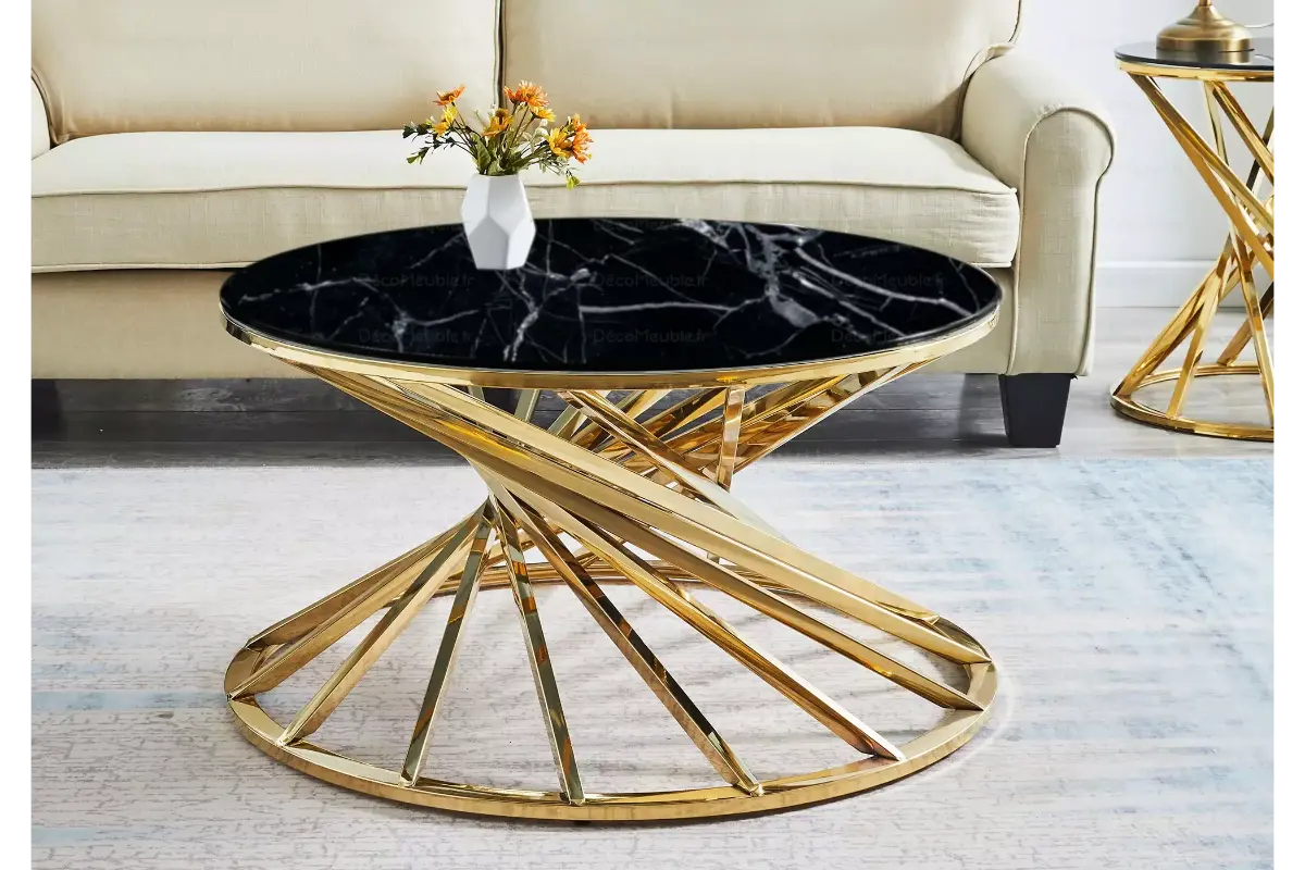 Table basse ronde marbre noir doré RUBY