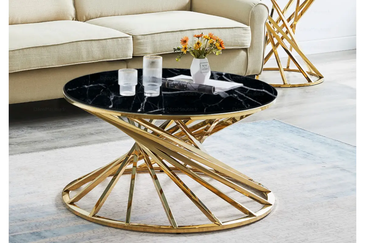 Table basse ronde marbre noir doré RUBY