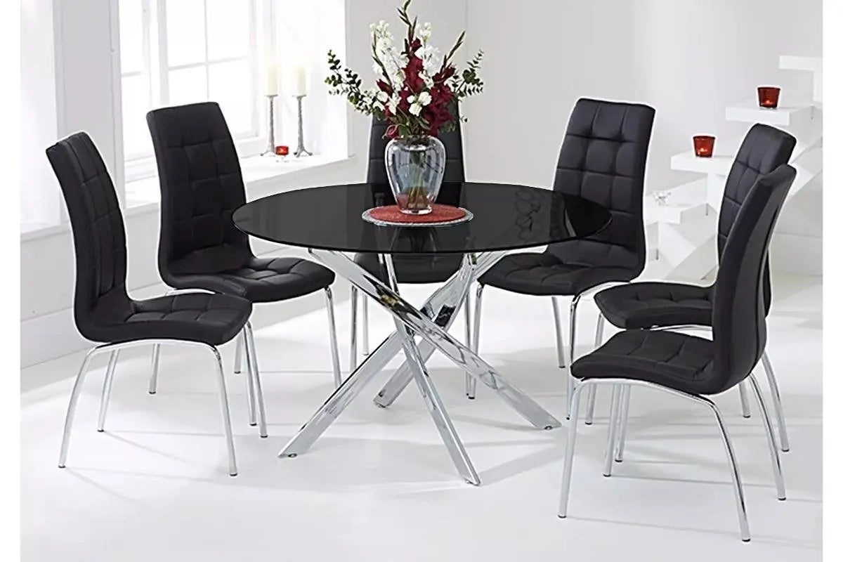 Table ronde chromé et chaises noires DESIGN Swedzo-Meuble