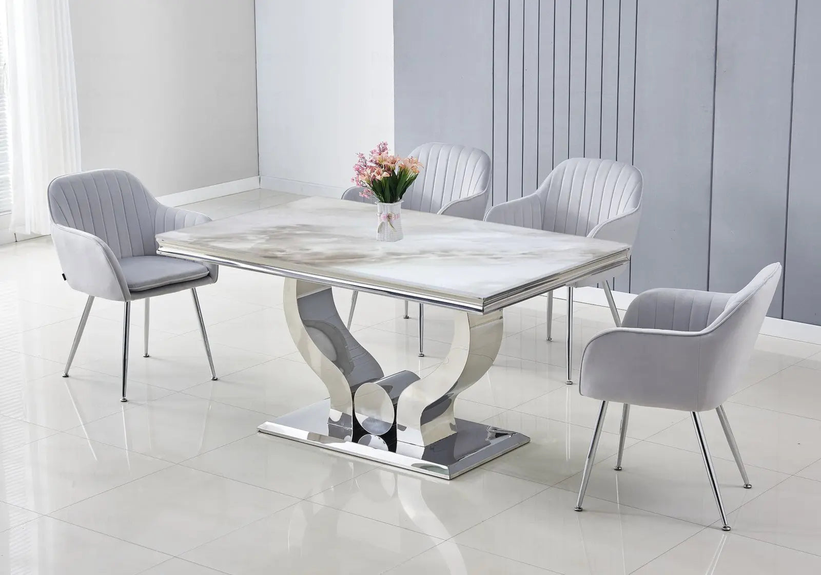 Table et chaises marbre beige argent NEA Swedzo-Meuble