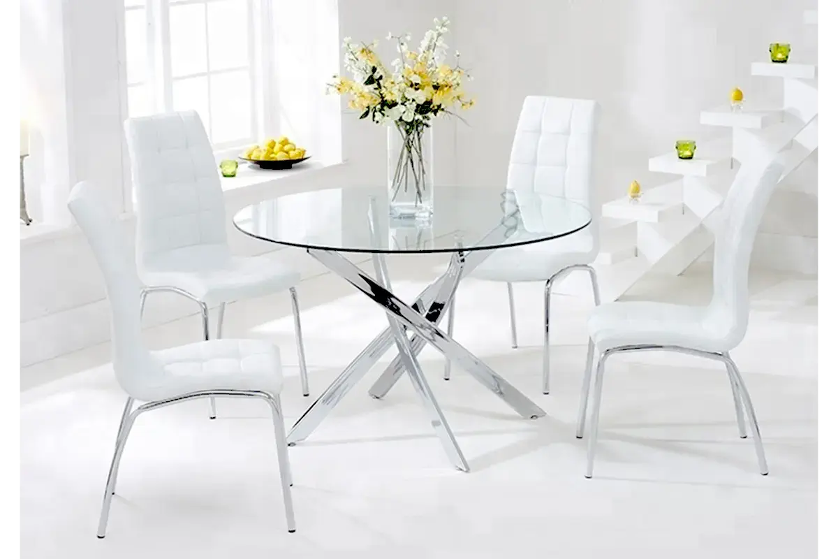 Table chromé 4 ou 6 chaises blanches DESIGN Swedzo-Meuble