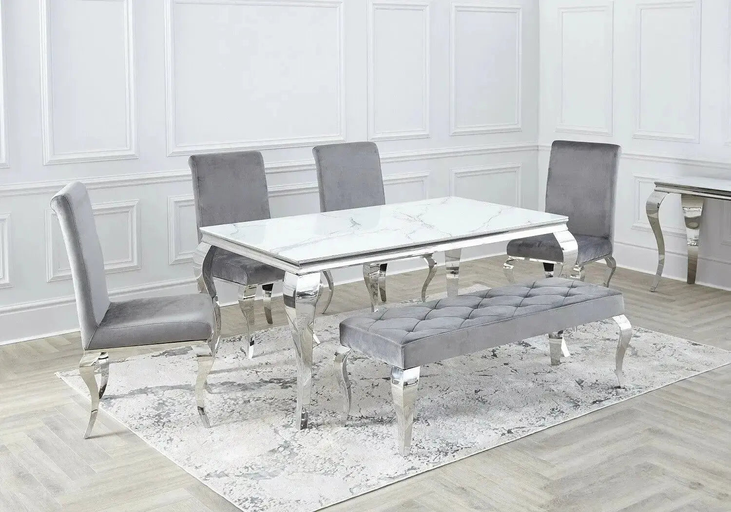 Table à manger argente marbre blanc NEO Swedzo-Meuble