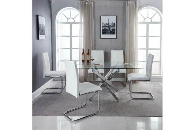 LEONARDO Ensemble de table de salle é manger en chrome blanc noir et verre et 4 ou 6 chaises de salle é manger en cuir