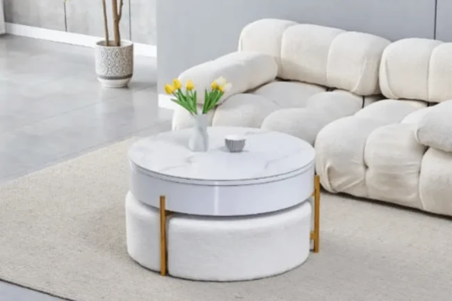 Table Basse Ceramique Luna Avec Coffre & Poufs