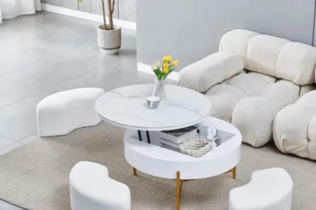 Table Basse Ceramique Luna Avec Coffre & Poufs