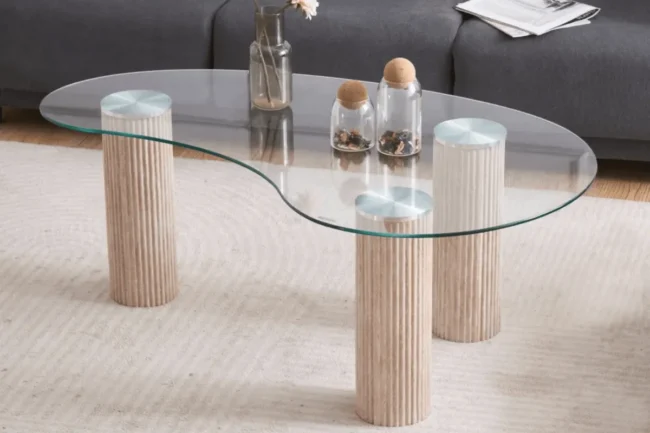 Table Basse Pylone Pied Beige Plateau Transparent 120x70x45CM