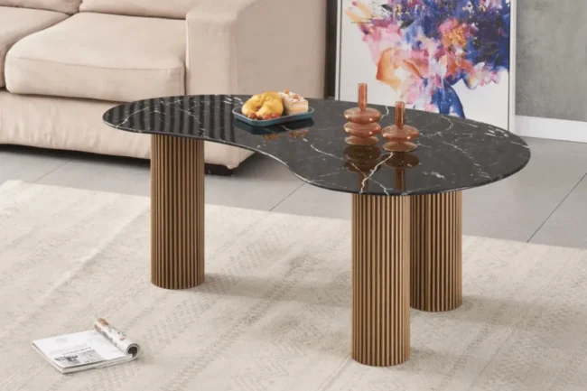 Table Basse Pylone Pied Gold Plateau Marbre Noir 120x70x45 CM