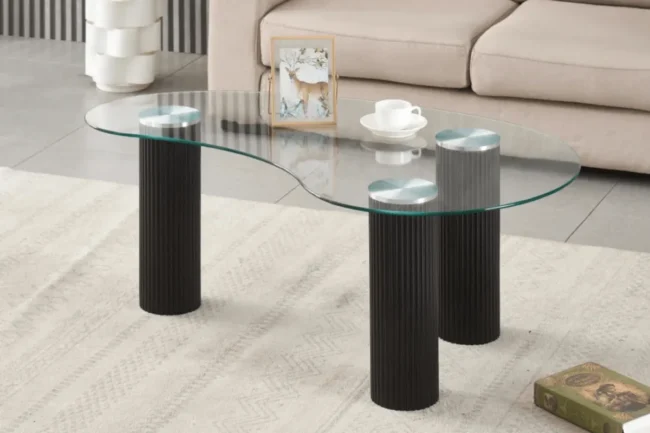 Table Basse Pylone Pied Noir Plateau Transparent 120x70x45 CM