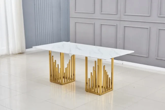 Table Repas Stalax Marbre Blanc Pieds Gold 180×90 CM