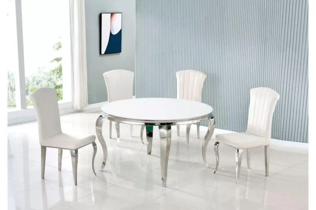 Table avec 4 chaises ronde argent blanc NEO