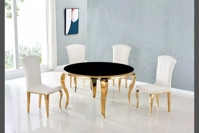 Table avec 4 chaises ronde dorée noir NEO