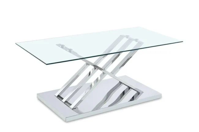 Table basse rectangulaire design avec pieds géométrique argentés NELLA