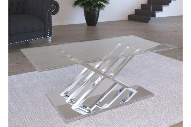 Table basse rectangulaire design avec pieds géométrique argentés NELLA