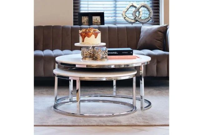 Table basse SILVER ronde v?ritable marbre blanc argent?e