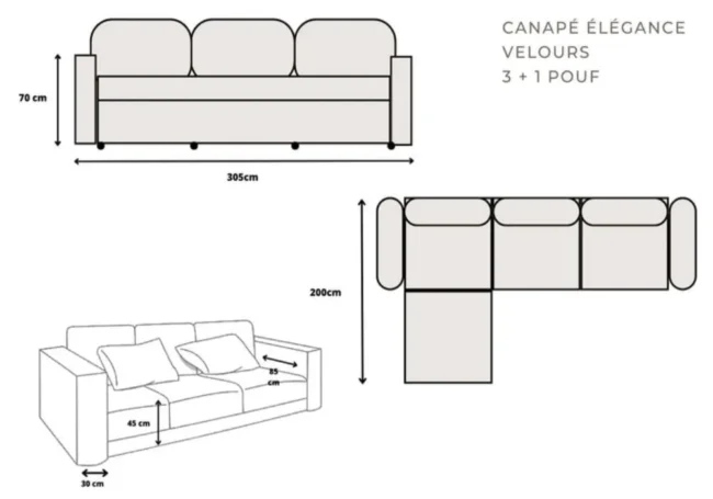 Canapé Elégance Velours Modulable 3+1 Pouf