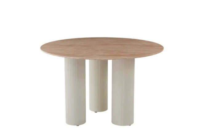 TABLE REPAS ANAIS PIEDS METAL BEIGE PLATEAU CERAMIQUE TRAVERTIN 120 CM