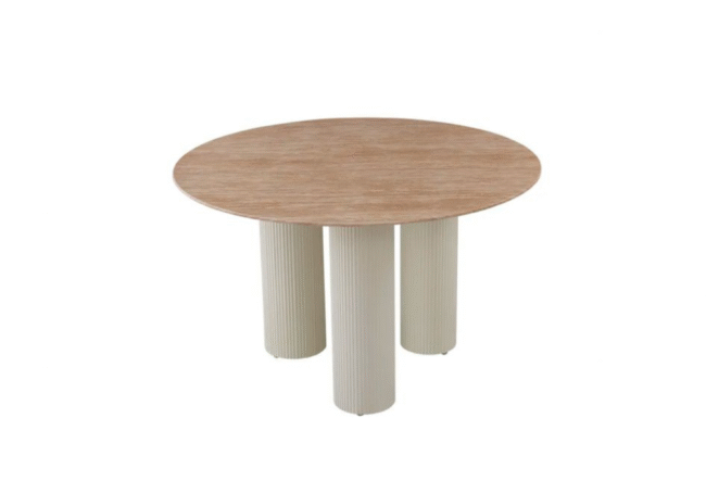 TABLE REPAS ANAIS PIEDS METAL BEIGE PLATEAU CERAMIQUE TRAVERTIN 120 CM