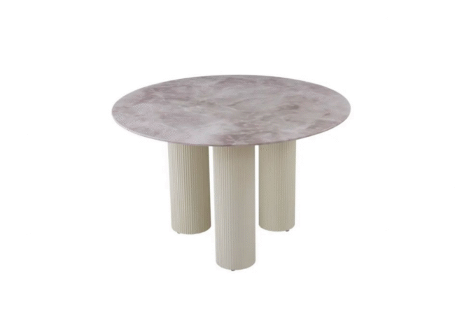TABLE REPAS ANAIS PIEDS METAL BEIGE PLATEAU CERAMIQUE TRAVERTIN 120 CM