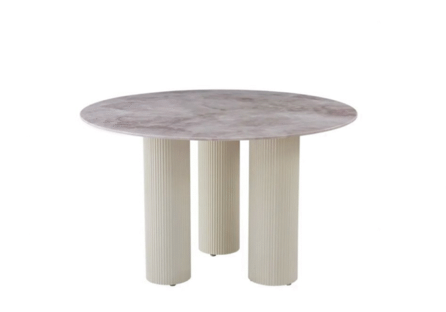 TABLE REPAS ANAIS PIEDS METAL BEIGE PLATEAU CERAMIQUE TRAVERTIN 120 CM