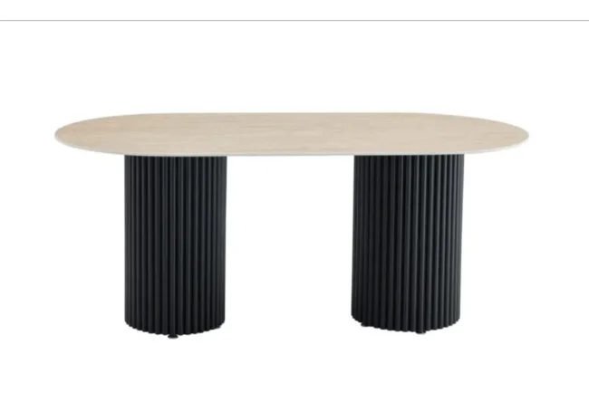 TABLE A MANGER KEYSHA METAL NOIR CERAMIQUE TRAVERTIN 180x90cm